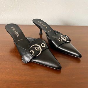 Vintage PRADA 00s Black Leather Pointed Kitten Heel Mules with Buckle